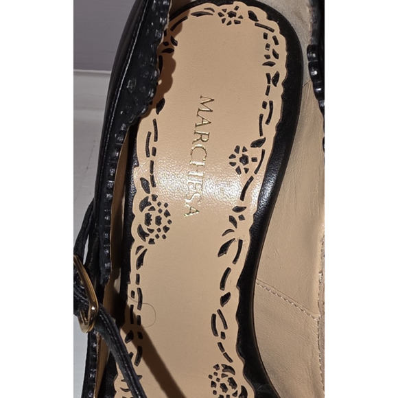 Marchesa Black Leather Laser Cut Lace Scalloped Ankle Strap Heels EU 35 5 US - Picture 10 of 11